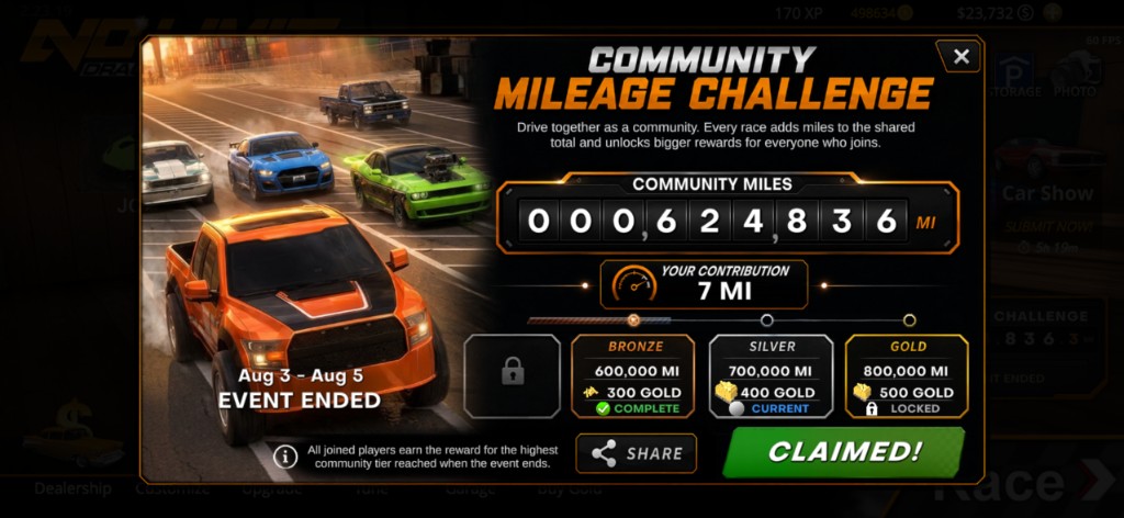 In-game event screen titled Community Mileage Challenge. A mechanical odometer reads 000,624,836 MI of community miles, with the player's own contribution at 7 MI below it. Three reward tiers sit underneath: Bronze at 600,000 miles marked complete, Silver at 700,000 miles marked current, and Gold at 800,000 miles locked. The event ran August 3 to August 5 and is marked as ended.